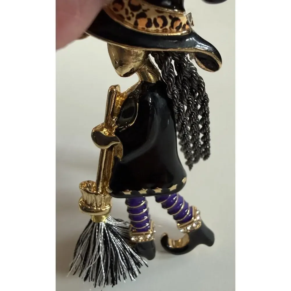 Funky Witch Brooch Pin Black Enamel Purple Rhinestone Broom Halloween Jewelry